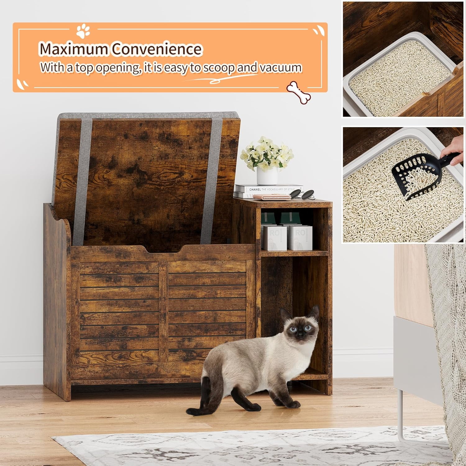 Hidden Cat Litter Box Furniture, Flip-Top Entryway Bench with Storage & Ventilation
