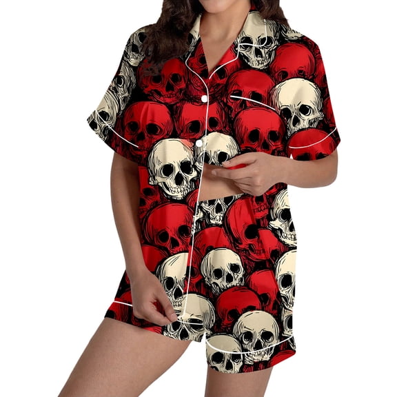 Puliio Halloween Pajamas Sets for Women's Cute Print Short Sleeve Top and Shorts Outfits Cozy Sleepwear 2 Piece Pjs