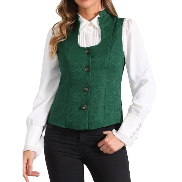 Chaleco Jacquard Steampunk Inspire Chic para Mujer con Cuello en U, de Un Solo Botón, Floral, Gótico, Talla M Verde