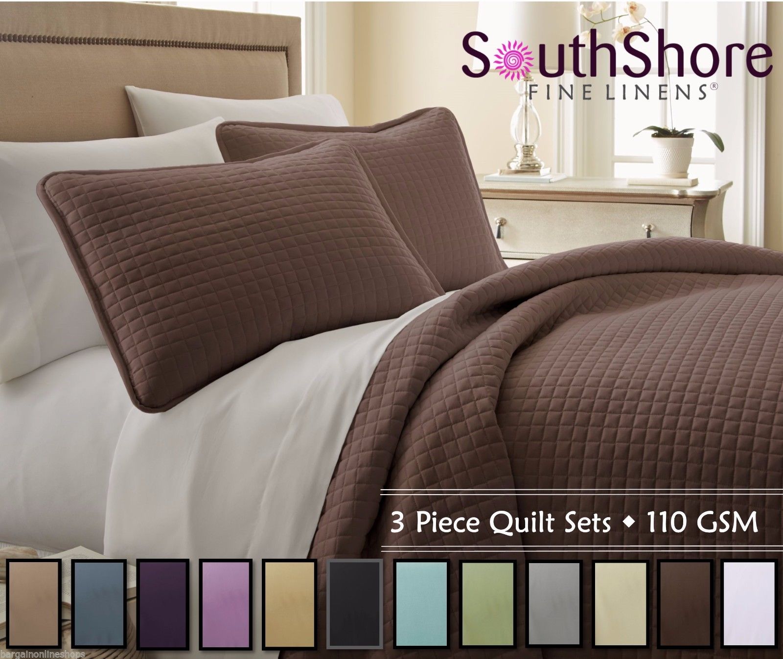 Oversized Square Stitched Solid Embroidered 3Piece Quilt Set by Southshore Fine Linens