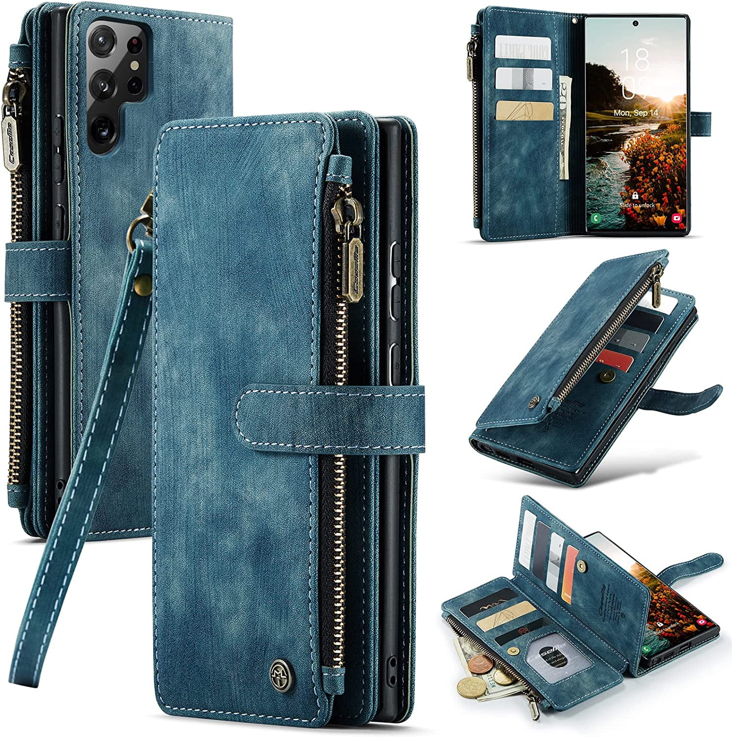 CaseMe Wallet Case Premium Handmade PU Leather Phone Case Card Slots Magnetic Closure Zipper Pocket Kickstand Flip Case with Hand Strap for Samsung Galaxy S22 Ultra (Cyan)