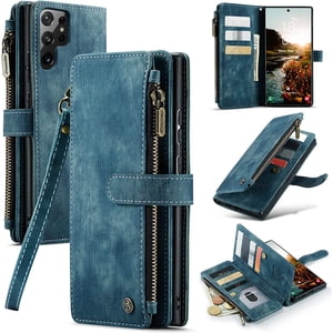 CaseMe Portefeuille Case Fabrication artisanale premium PU Téléphone en cuir Case Fentes de cartes Fermeture magnétique Zipper Pocket Kickstand Flip Case avec bracelet à main pour Samsung Galaxy S22 Ultra (Cyan)