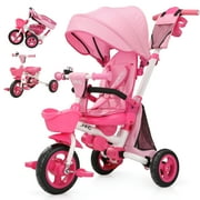 JMMD Baby Tricycle, 8-in-1 Folding Kids Trike with Adjustable Parent Handle, Safety Harness & Wheel Brakes, Removable Canopy, Storage, Stroller Bike Gift for Toddlers 18 Months - 5 Years, Pink