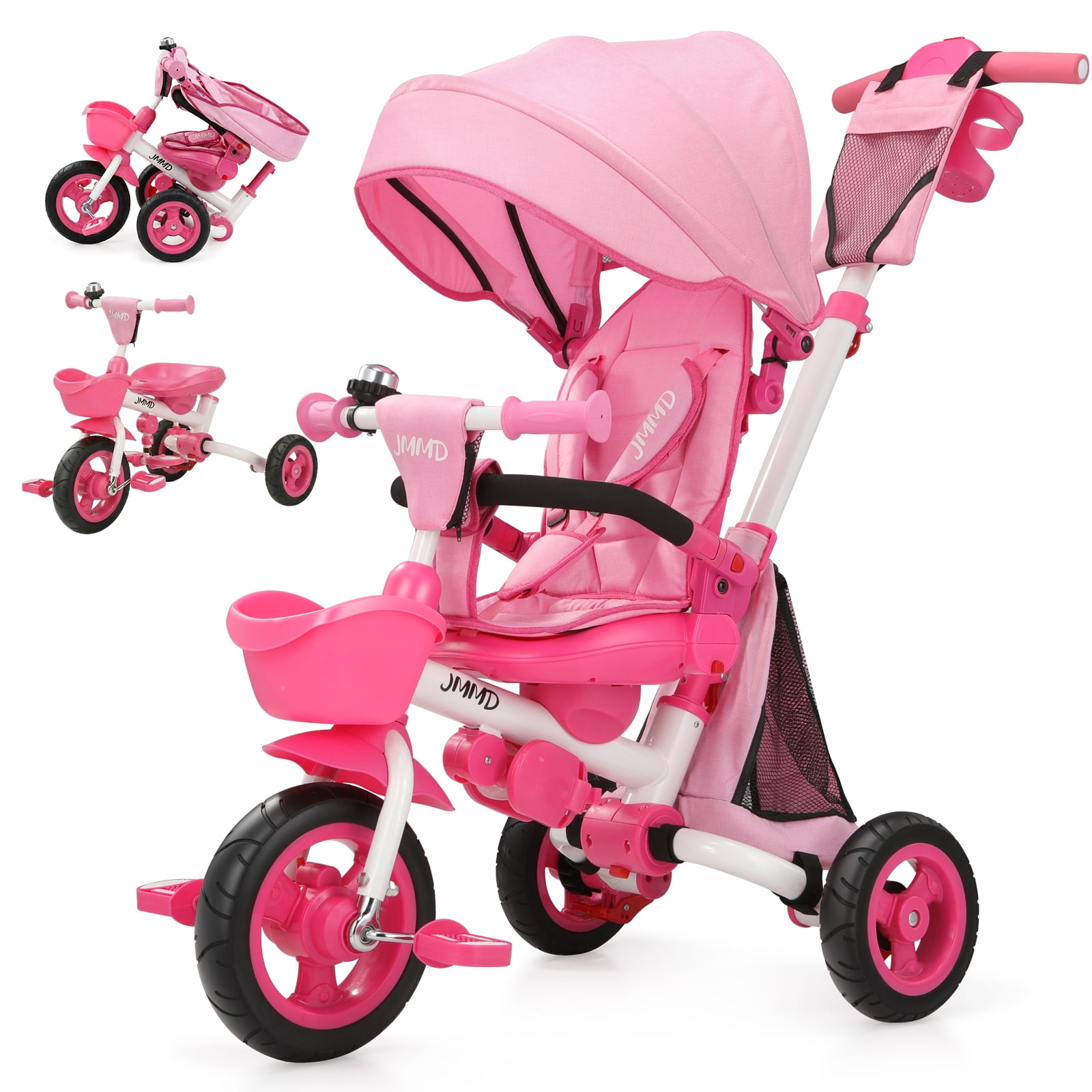 JMMD Baby Tricycle, 8-in-1 Folding Kids Trike with Adjustable Parent Handle, Safety Harness & Wheel Brakes, Removable Canopy, Storage, Stroller Bike Gift for Toddlers 18 Months - 5 Years, Pink