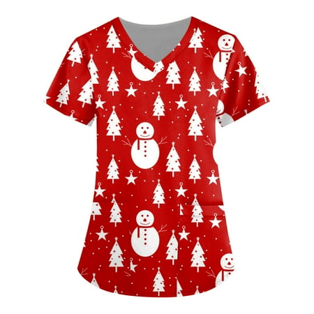 

TAIAOJING Women Scrubs Top Christmas Short Sleeve V Neck Cartoon Printed Top Nursed Working T Shirts Blouse With Pockets
