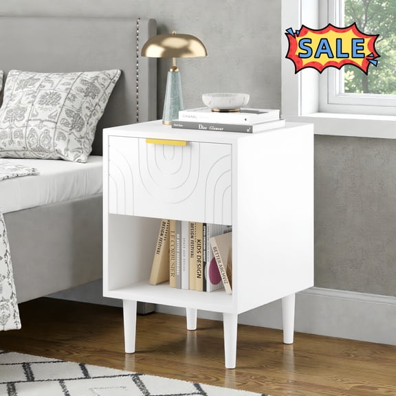 Tcbosik 2-Tier Night Stand, Modern End Table with Storage Drawer and Open Shelf, Bedside Table for Small Space, Living Room, Bedroom, Easy Assembly, White