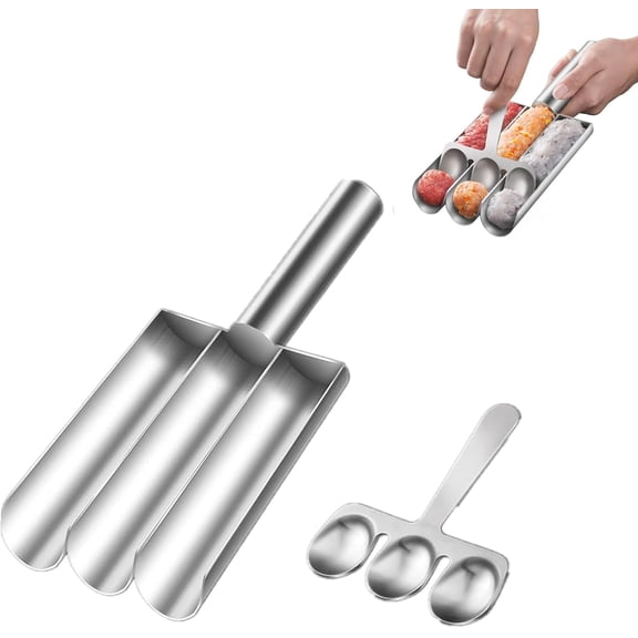 Stainless Steel Triple Meatball Maker Set with Cutting Spade, 3-in-1 Meat Baller Spoon for Uniform Beef Shrimp Veggie Balls, Quick DIY Meatball Making Kitchen Gadget for Home & Restaurant Cooking