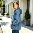 thumbnail image 4 of Women's Half Zip Denim Hoodie Pullover Jackets Jean Tops Oversized Long Sleeve Hooded Shirts with Front Pocket Casual Fall Outerwear, 4 of 5
