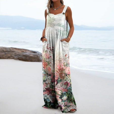 

QWANG Women s One-Piece Button Up Jumpsuit Casual Loose Sleeveless Rompers With Pockets