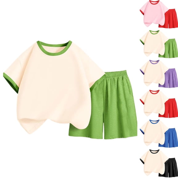 HAOTAGS Boys Girls Cotton Color-Block T-Shirt & Shorts Set, Breathable Loose-Fit Round-Neck Summer Casual 2-Piece Outfit Set Green 7-8 Years