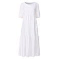 thumbnail image 2 of Flmtop Women Dress Short Sleeve Large Hem Cotton-flax Solid Color O Neck Loose Midi Dress for Summer, 2 of 8