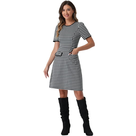 DARING DIVA Plaid A-Line Crewneck Contrast Trim Dress XS Black