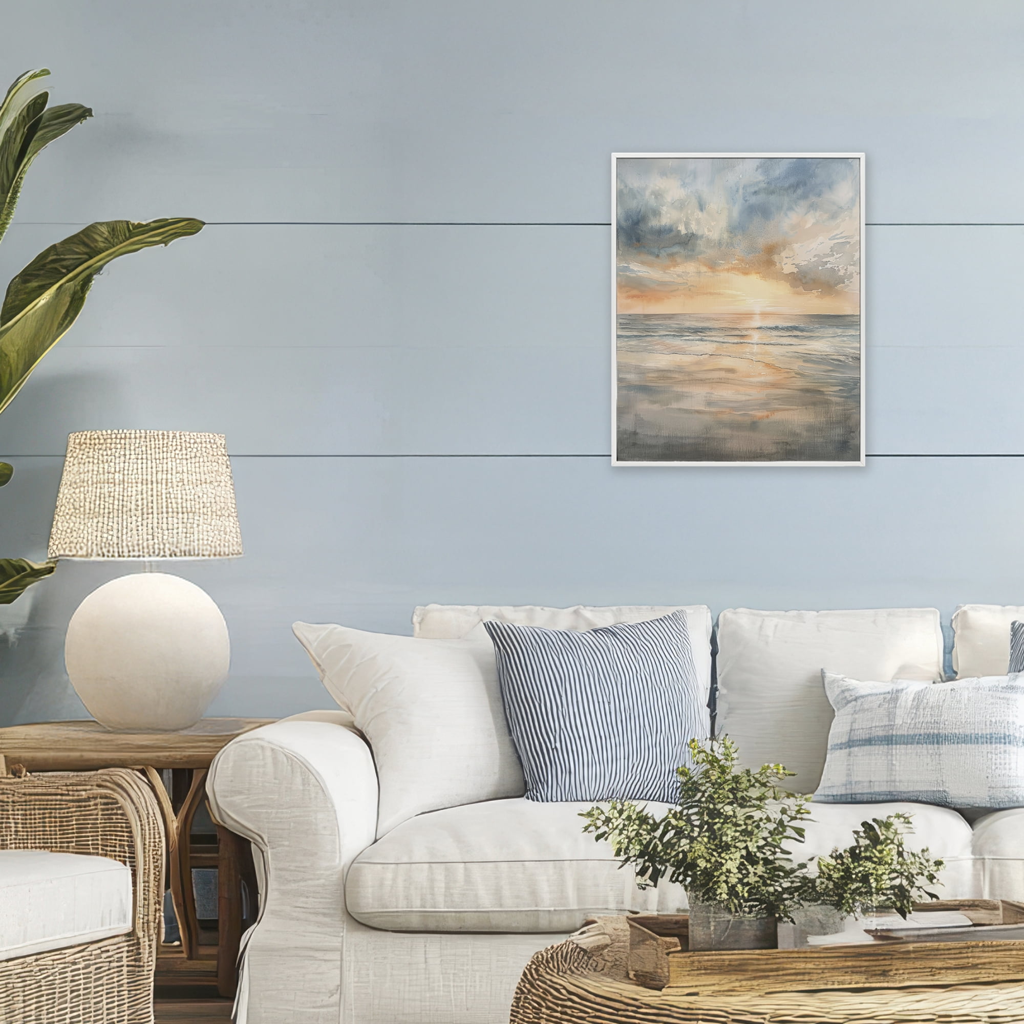 Stupell Industries Coastal Sunset over Gentle Waves White Framed Giclee Art, design by Petal Prints Design