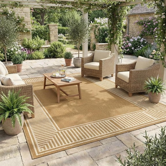 8x10 Outdoor Area Rug Reversible Medallion Design Stain Resistant and Waterproof Easy to Clean for Patio and Deck Beige