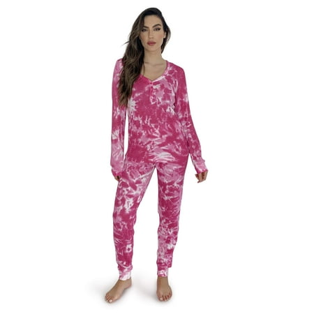#FollowMe Women's Printed Henley Thermal Underwear Set with Jogger Pant (Tie Dye Pink, XX-Large)