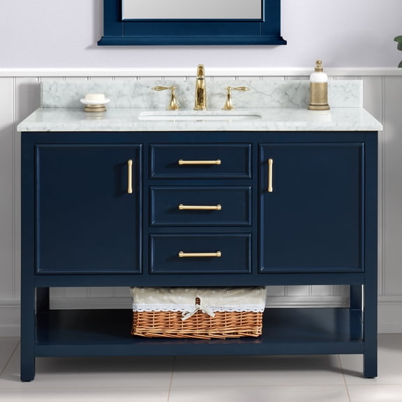 Manhattan 48" Single Bathroom Vanity, 49" W x 22" D x 34.5" H, Carrara Marble Top with Sink & Backsplash, Navy Blue, Solid Wood, Pre-Assembled, 3 Soft-Close Drawers, 2 Doors, 1 Shelf