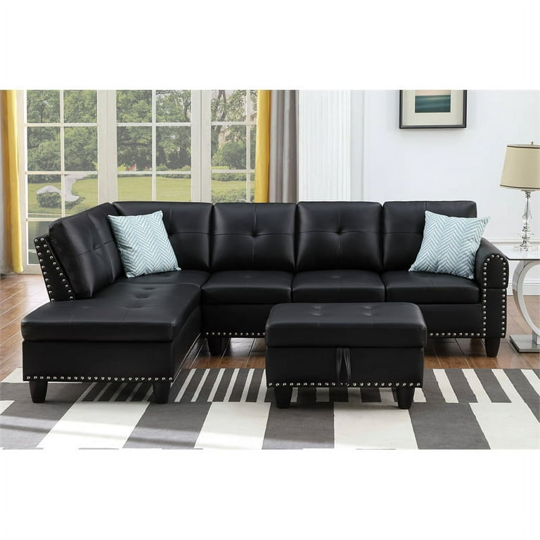 Devion Furniture Faux Leather Sectional Sofa with Ottoman Black