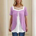 thumbnail image 2 of Fashion Olyvenn Womens Plus Size Tops Summer Dressy Hollow Out Boat Neck Short Sleeves Lightweight T-Shirt Color Blocked Patchwork Tee Purple M, 2 of 6