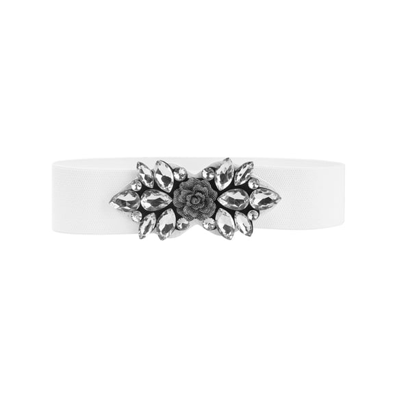 Cinturones elásticos para mujeres, banda de cintura de flores de rosa vintage elegante con rhinestones para vestido abrigo 80x6cm/31.5x2.4" banda blanca-blanca