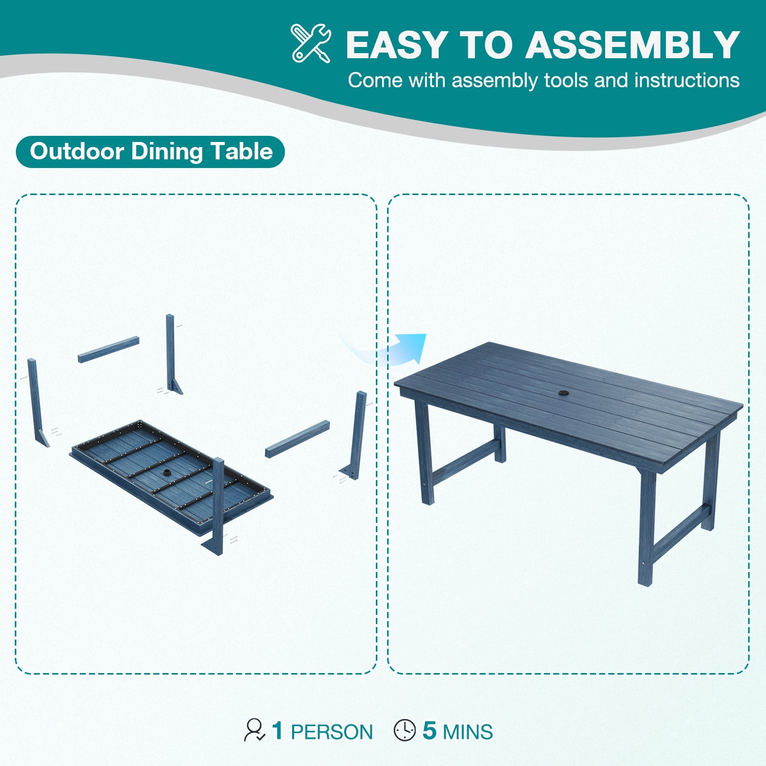 Erinnyees 7-Piece HDPE Outdoor Dining Set, 66.9" Marble Texture Patio Table with Umbrella Hole, and 6 All-Weather Chairs for Yard Deck Porch, Navy Blue