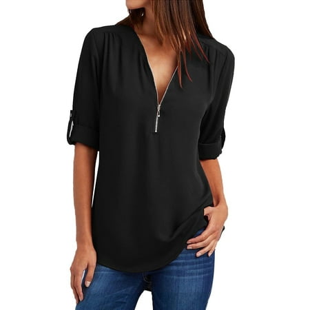 Tagold Summer Savings Clearance Deals for Womens Plus Size Tops,Womens Tops Clearance Under 10,Women's Summer Shirts Zip Casual Tunic V-Neck Rollable Blouse Tops T-Shirt