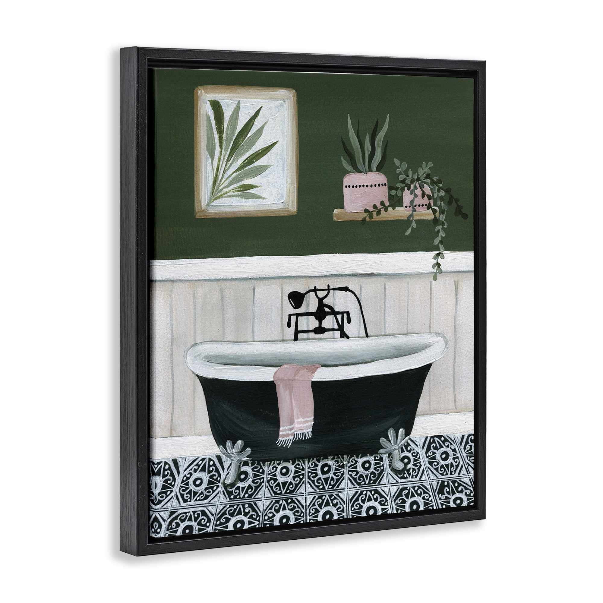 Stupell Industries Green Bathroom Scene Typography Painting Black Floater Framed Canvas Art Print Wall Art, 25 x 31