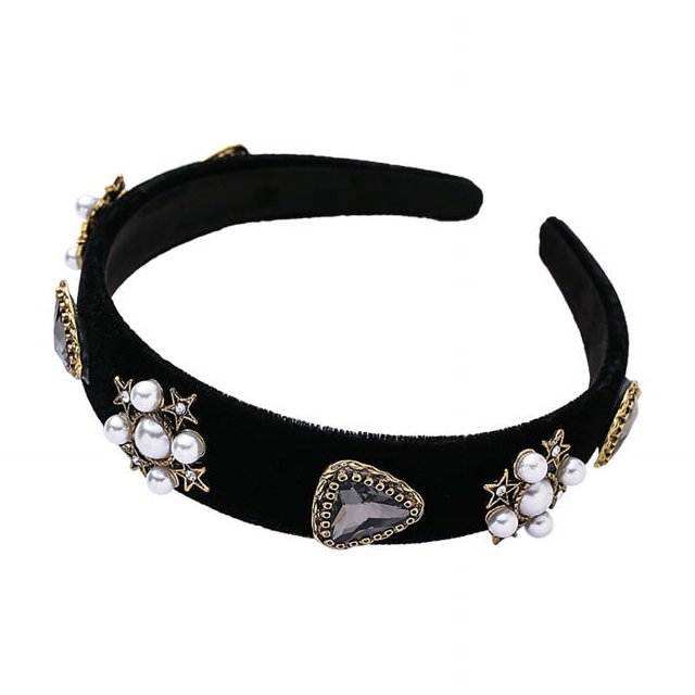 Diadema con joyas barrocas negras, diadema ancha con diamantes de imitación y perlas, diadema ancha de terciopelo para el pelo para mujer (elegante)