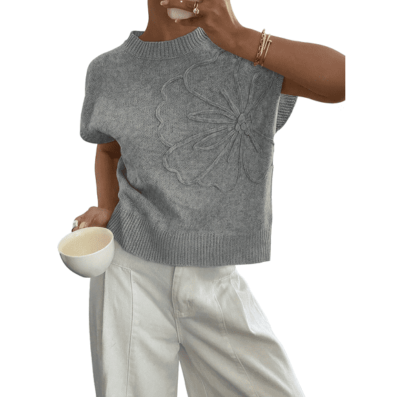 SUNBS Short Sleeve Sweater Blouses for Women Crew Neck Shirts Loose 3D Floral Tops Knit Vest Trendy Fashion Clothing