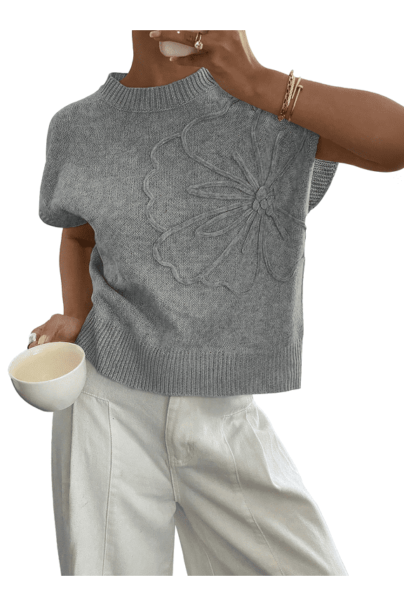 Short Sleeve Sweater Blouses for Women Crew Neck Shirts Loose 3D Floral Tops Knit Vest Trendy Fashion Clothing