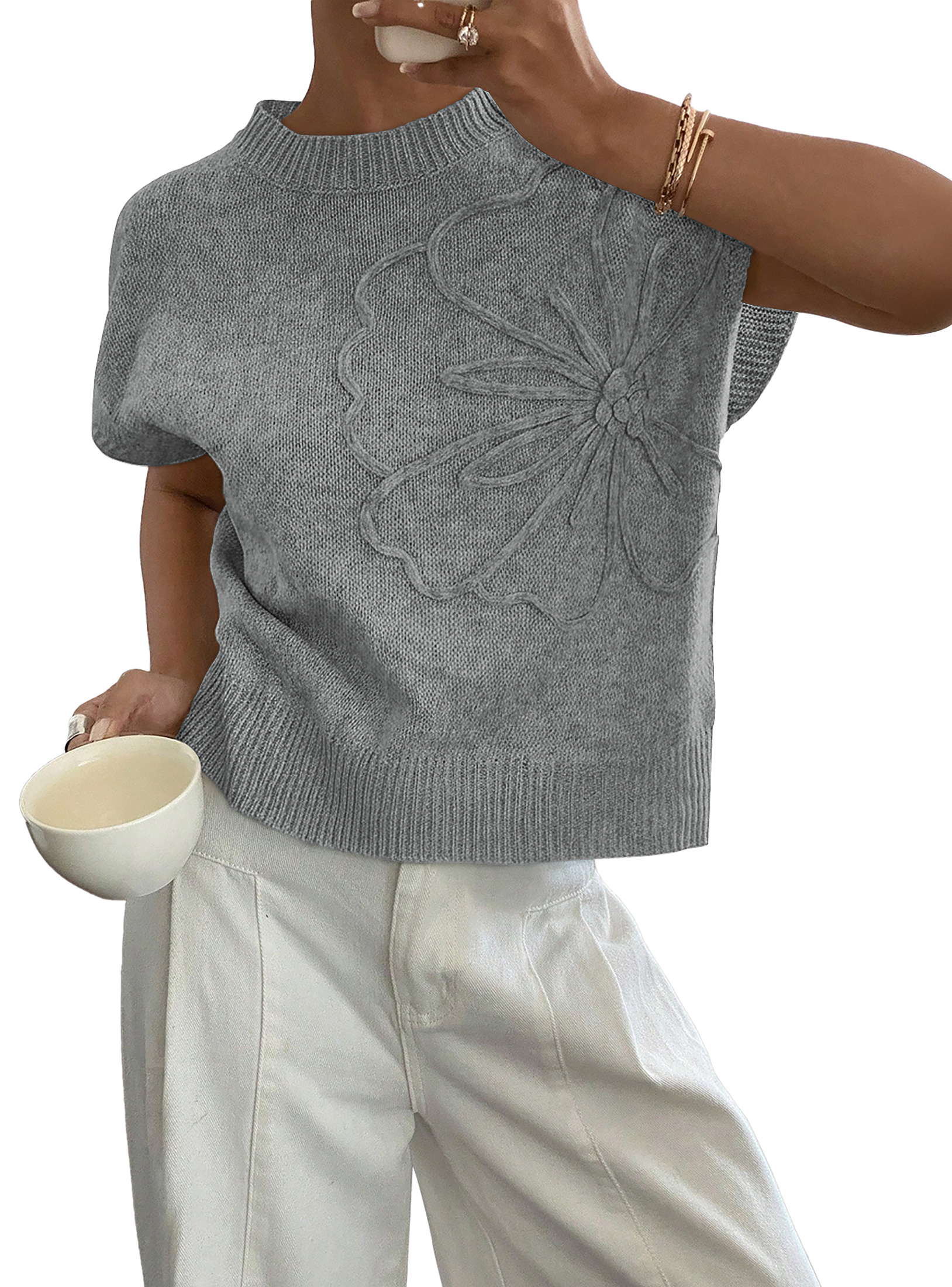 SUNBS Short Sleeve Sweater Blouses for Women Crew Neck Shirts Loose 3D Floral Tops Knit Vest Trendy Fashion Clothing