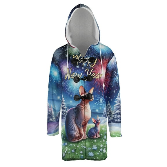 Happy New Year Sphynx Family Cheer Winter Midnight Firework All Over Print 3D Hooded Duffle Toggle Coat Cat Lover Kitten Owner Gifts Idea - 02025
