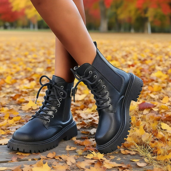 XUNKUSGA Boots for Women Large Size 7-Hole Lace-Up Waterproof Fall Boots Fashion Thick-Soled Low Heel Round Toe Womens Boots With Buckle for Business Office 36-42 Black