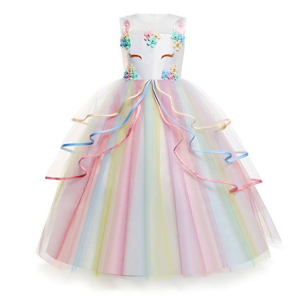 Vestido largo de actuación, vestido de malla colorido, vestido de princesa de actuación para niños con unicornio de Halloween