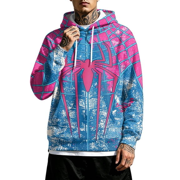 Spider Hero Pullover Hoodie, Distressed Graphic Printed Drawstring Kangaroo Pocket Sweatshirt for Men Halloween Cosplay