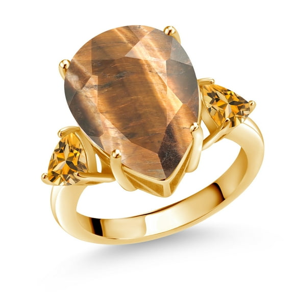 Gem Stone King 7.82 Ct Brown Tiger Eye Yellow Citrine 18K Yellow Gold Plated Silver Ring (Size 6)
