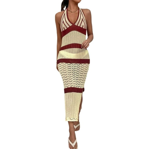 Franhais Women Halter Tie up Long Beach Dress Summer Sexy Bikini Cover-ups Stripe Sleeveless Backless Knitted Split Tank Dresses Holiday