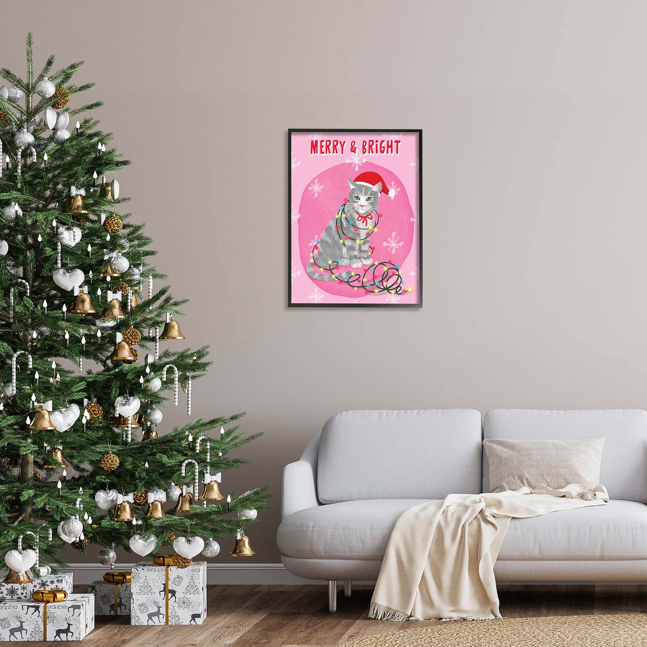 Stupell Industries Merry & Bright Christmas Cat Lights Graphic Art Black Framed Art Print Wall Art, Design by Be Ni La