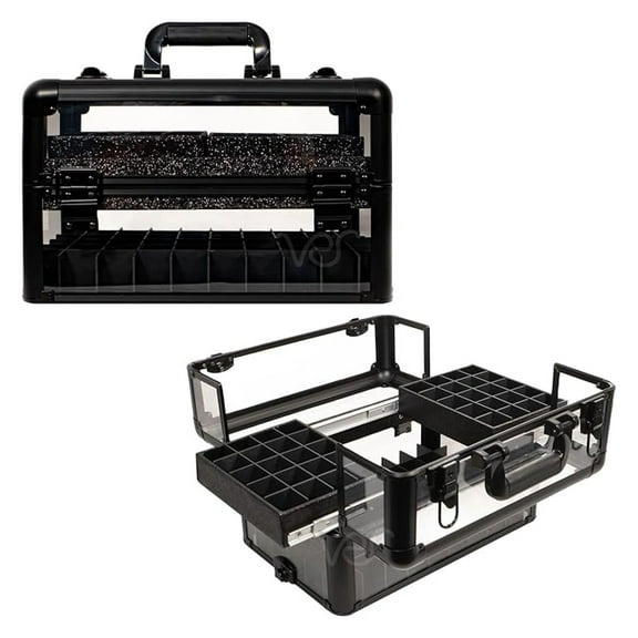 Professional Armored Clear Acrylic Makeup Nail Tech Case with 2 Sliding Trays and Removable Dividers for Nail Polish Organizer Lockable Portable Travel Cosmetic Display Aluminum Case