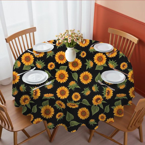 Sunflower and Bud Black Pattern Round Tablecloth 70"x70", Wrinkle Resistant Wipeable Table Cover for Kitchen Dining Room Picnic Patio and Party