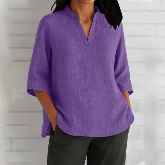 Karight Women's Spring 3/4 Sleeve Linen Shirts Casual Crewneck Solid Color Tunic Tops Loose Fit Plus Size Vacation Blouses