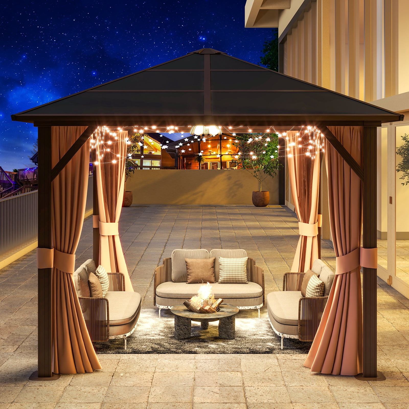 JolyDale 10 ft. x 10 ft. Patio Hardtop Gazebo, Outdoor Aluminum Frame Canopy with Netting and Curtain for Garden, Patio, Lawns, Brown