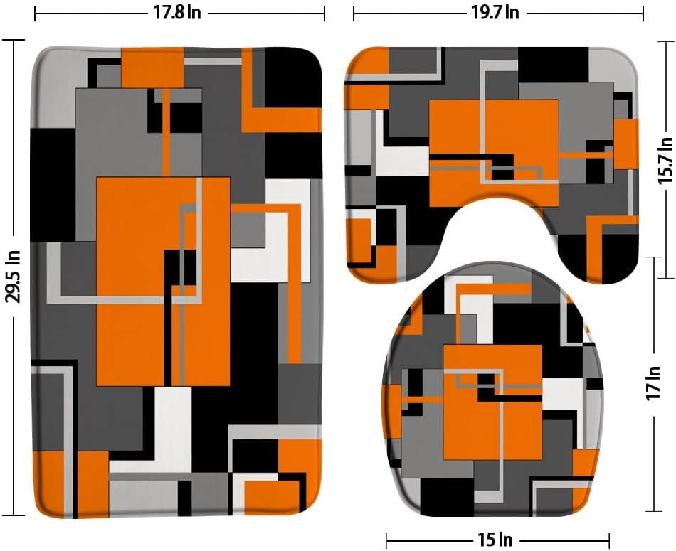 Abstract Geometric Bath Mat 3 Piece Set Bathroom Rug Orange Gray Black White Geometry Squares Contemporary Fashion Simple Modern Toilet Lid Cover Pedestal Rug U-Shaped Carpet