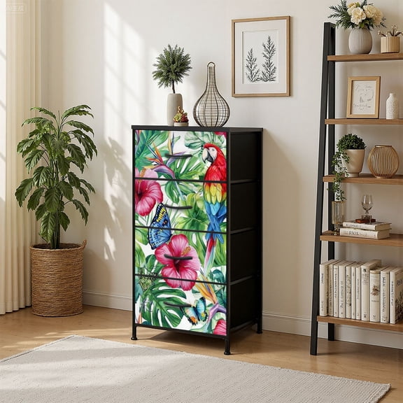 4 Drawer Vertical Storage Dresser Jungle palm leaves tropical butterflies parrots macaw watercolor with Wood Top Fabric Pull Drawers
