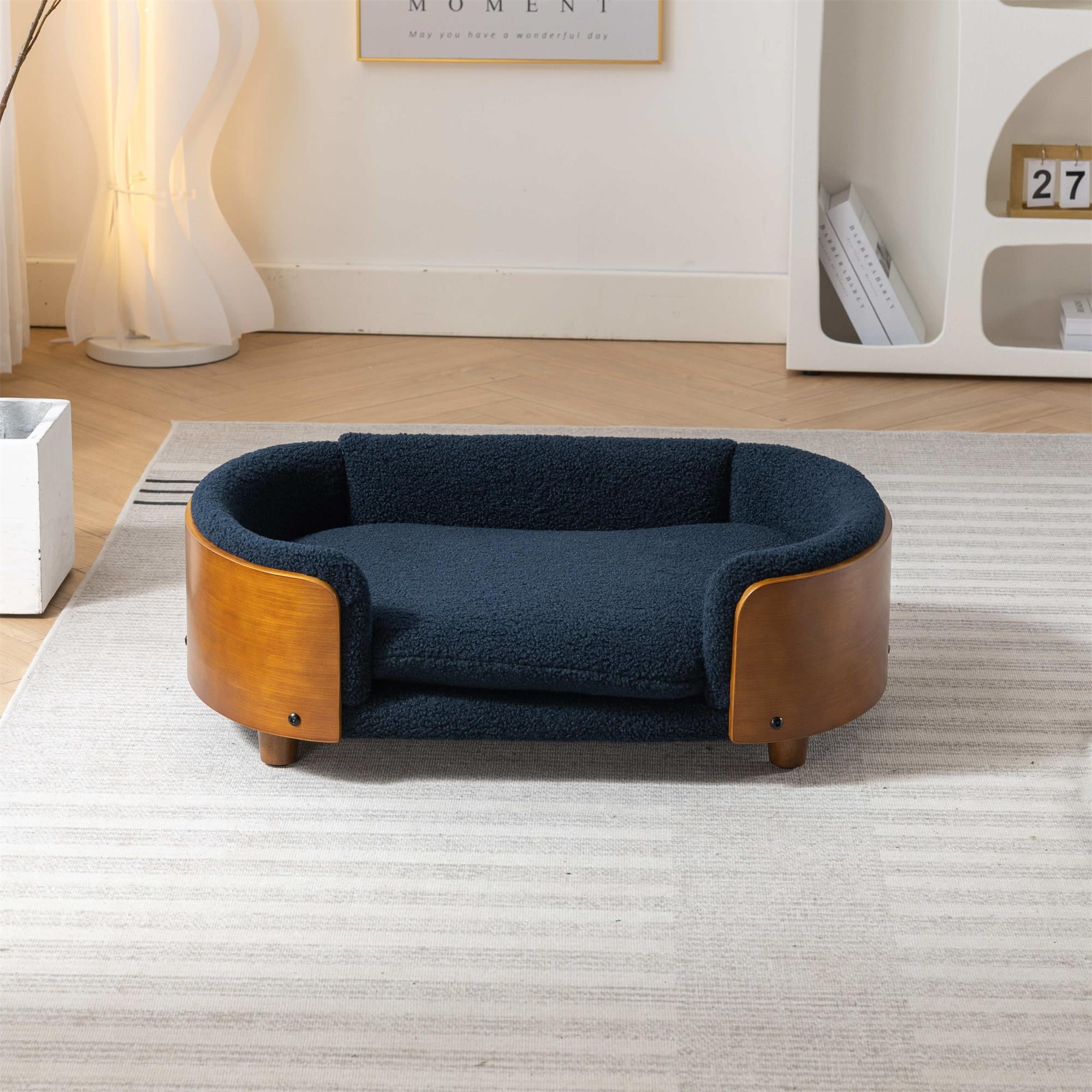 Pefilos 30" Pet Sofa for Indoors Dogs, Cat and Dog Bed with Solid Wood Legs and Walnut Bent Wood Back, Cashmere Cushion, Blue Pefilos 30" Pet Sofa for Indoors Dogs, Cat and Dog Bed with Solid Wood Legs and Walnut Bent Wood Back, Cashmere Cushion, Blue