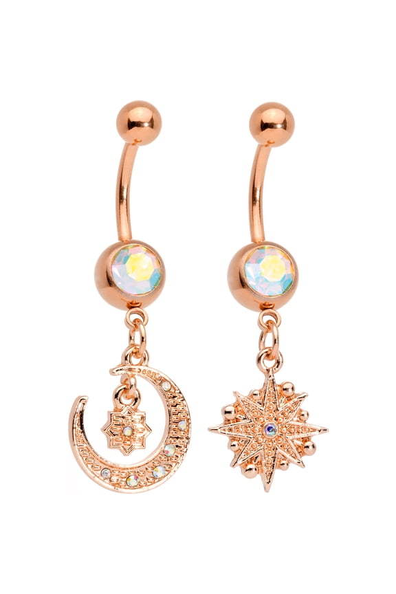 Women 2PC Plated Steel Aurora Accent Rosy Celestial Dangle Belly Button Rings 14G Navel Piercing