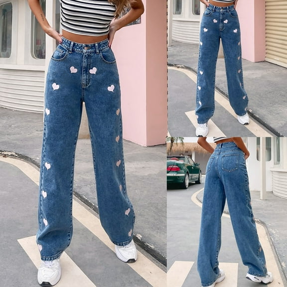 Women'S High Waist Jeans Casual Fashion Love Printed Comfortable Wide Leg Denim Pants Blue L