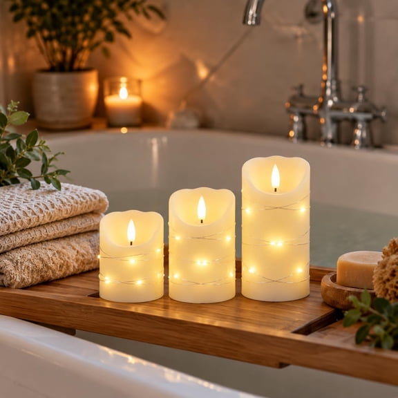 Flickering Flameless Candles Real Wax Electric with Embedded String Lights, Battery Operated Pillar LED Candles for Gift, Christmas & Home Decorations, with Remote & Timer, Set of 3(Ivory)
