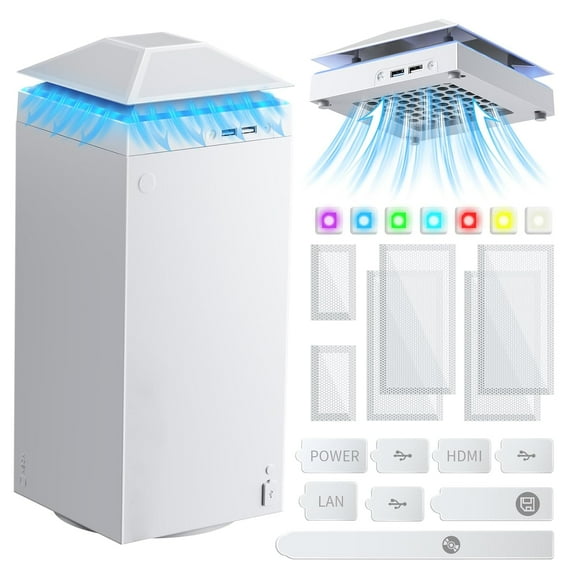Auto Cooling Fan Dust Proof for Xbox Series X Console with Colorful Light Strip,Dust Cover Filter,Rubber Dust Plugs,Low Noise Top Fan with 3 Gears,Cooler&Light Touch Switch, 2 USB Port (White)