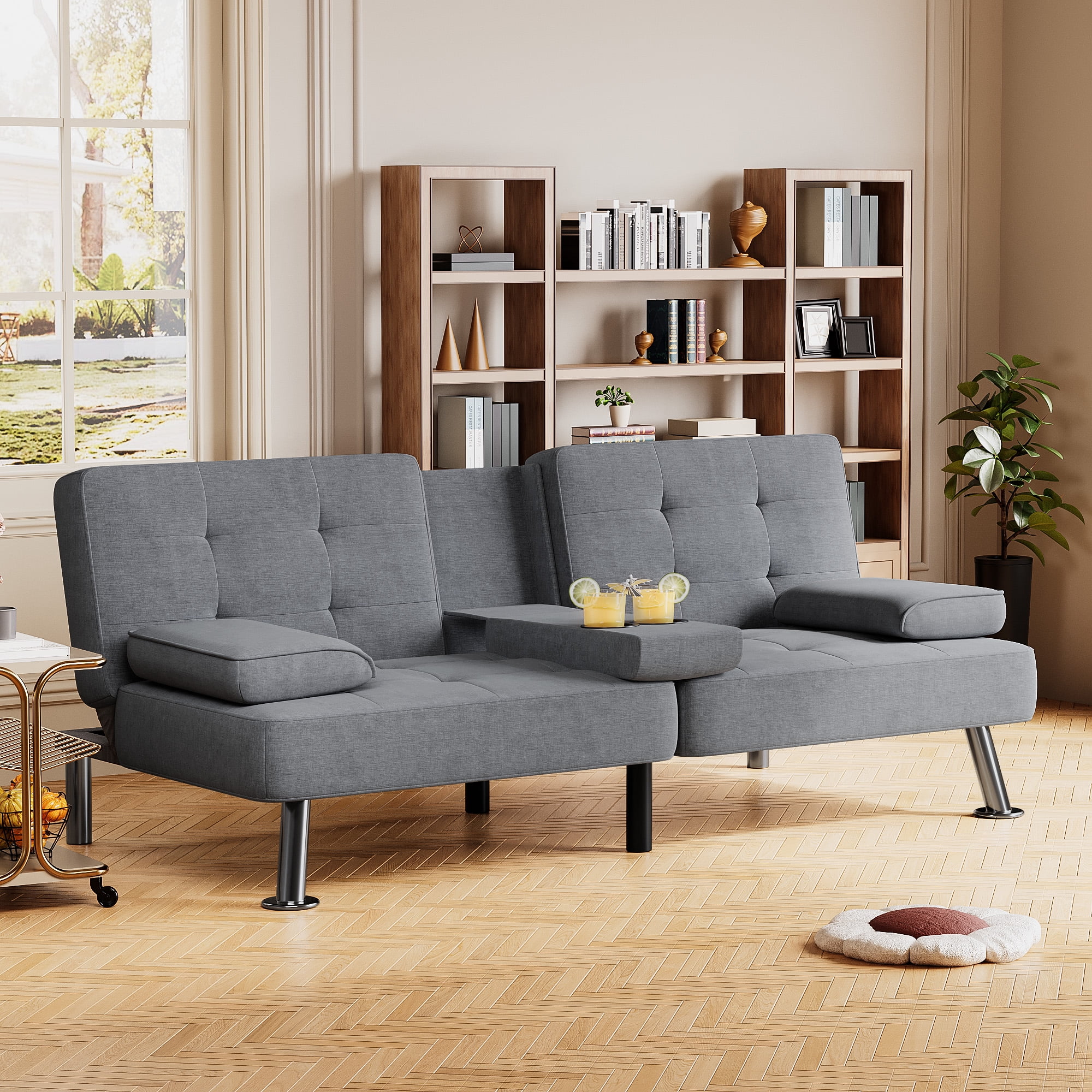 Homall Linen Convertible Futon with Cupholders, Removable Armrests, and Metal Legs, Dark Gray
