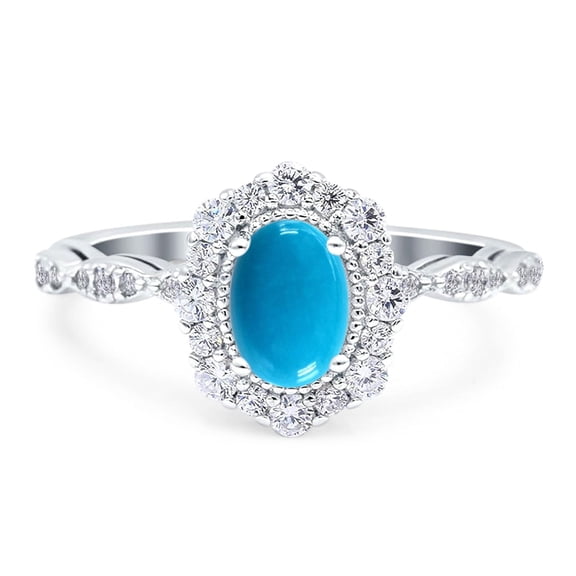 Genuine Natural Arizona Sleeping Beauty Turquoise Size-5 Art Deco Oval Floral Vintage Rings Cluster Halo CZ Wedding Engagement Ring For Women 925 Sterling Silver Gifts For Her